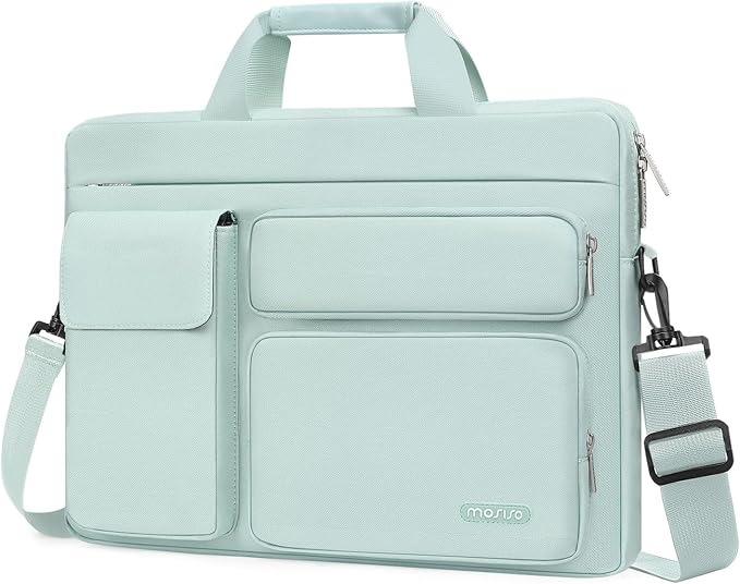 MOSISO Laptop Shoulder Bag 13.3 inch, 13-14 inch Computer Bag Compatible with MacBook Air/Pro 13 / Pro 14, HP Dell ASUS Lenovo with 2 Raised&1 Flapover&1 Horizontal Pocket&Handle&Belt, Mint Green
