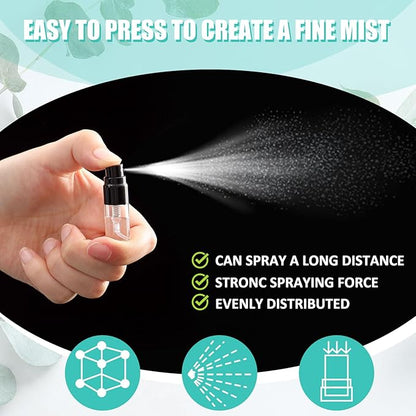 Zhehao 50 Pcs Mini Spray Bottles 2 ml Clear Glass Perfume Bottles Refillable Fine Mist Perfume Atomizer Portable Empty Sample Containers for Cleaning, Essential Oils, Travel (Black Cap)