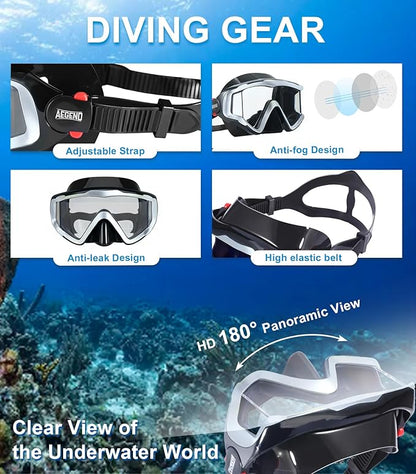 Aegend Snorkeling Gear for Adults Youth Kids, Dry Snorkel Set Panoramic View Enhanced Anti-Leak and Anti-Fog Technology, Adjustable Strap for Snorkeling Scuba Diving Swimming with Mesh Bag