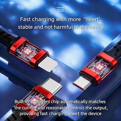 USB Cable PD Fast Charger Lighted Up (USB 6IN1 Braid Red),A Mobile Phone Data Cable, specifically a Fast Charging Cable, Crafted from Nylon Braided Material.