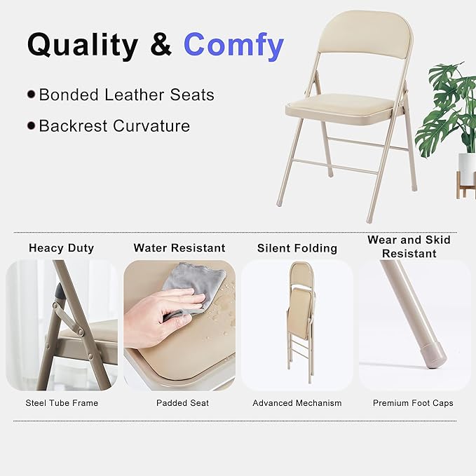 Folding Chairs 2 Pack, Portable Stackable Commercial Chair, Indoor Outdoor Padded Leather Chair with Sturdy Metal Frame, for Home, Office, or Party Events. (Kahki, 2 Pack)