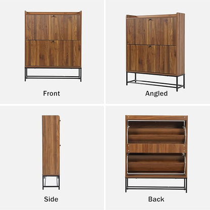 RARZOE Fluted Shoe Cabinet for Entryway with 2 Flip Drawers, Narrow Wood Shoe Cabinet with Fluted Panel, Slim Hidden Shoe Organizer Closed Shoe Rack with Metal Legs for Foyer,Hallway(31.5''Walnut)