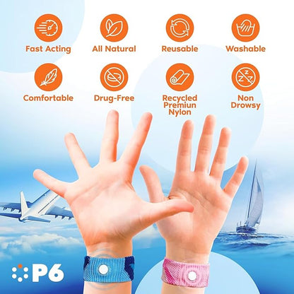 P6 Motion Sickness Bands for Kids Children’s Wristbands for Anti Nausea Sea Cruise Travel Car Sickness All-Natural Non Drowsy Relief Acupressure Treatment (2 Pack, Pink - Blue)