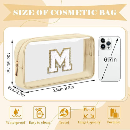 Personalized Initial Letter Clear Makeup Bag,Preppy Small Nylon&PVC Cosmetic Zipper Bag with Chenille Letter,Portable Beach Travel Skincare Toiletry Bag,Trendy Monogram Gift for Teen Girls Women,M