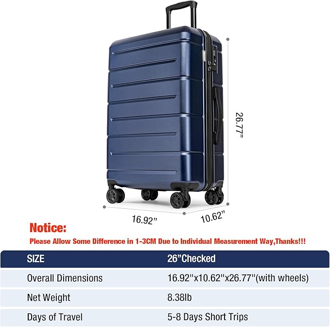 KYME Suitcases with Wheels Hard Shell 26 Inch Luggage with TSA Lock Durable Medium Checked Travel Rolling Luggage with Cup Holder for Women Men Navy