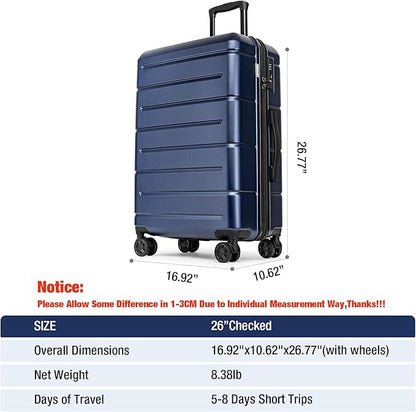 KYME Suitcases with Wheels Hard Shell 26 Inch Luggage with TSA Lock Durable Medium Checked Travel Rolling Luggage with Cup Holder for Women Men Navy