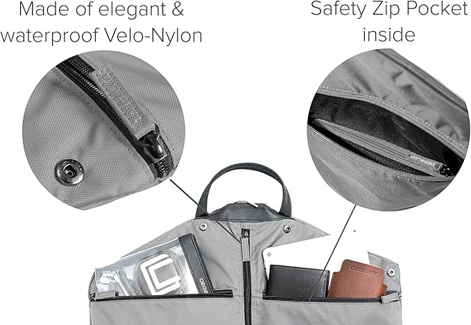 SkyHanger - Carry on Garment Bag with unique Titanium Suit Hanger for Men & Women - best-in-class functionality for wrinkle-free traveling - lightweight & water repellent nylon - Silver Grey