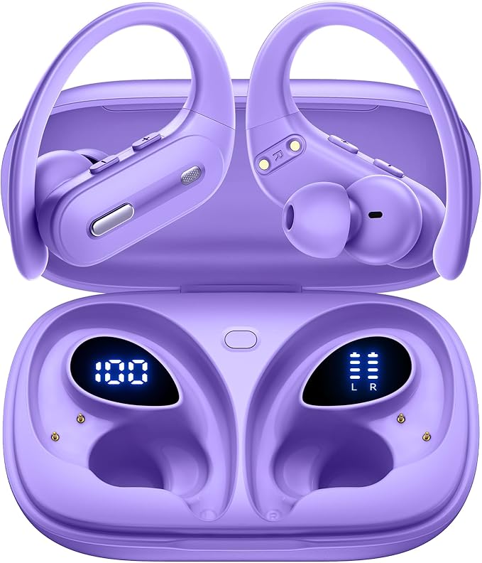 Active Noise Cancelling Wireless Earbuds Bluetooth Headphones 90 Hrs Playtime Ear Buds with Power Display Over-Ear Earphones with Earhooks IPX7 Waterproof Stereo Transparency Headset for Sports/Gym