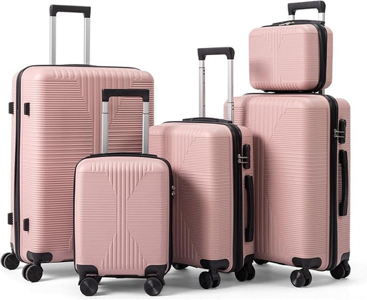 Karl home Luggage Sets 5 Piece, PP Hard Case Suitcase Set with Built-in Lock Spinner Wheels, Lightweight Durable Carry on Luggage for Business Travel - Rose Gold (12/16/20/24/28")
