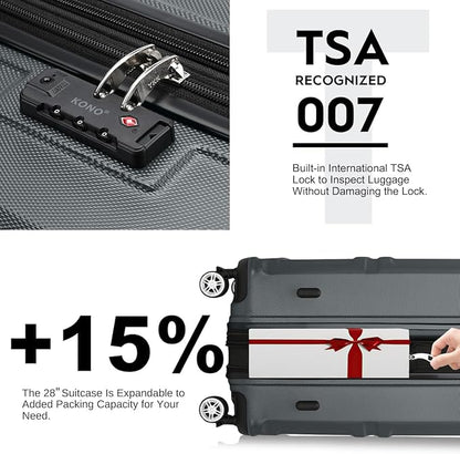 Kono 28 Inch Luggage Expandable Suitcase with Spinner Wheels TSA Lock Lightweight PC+ABS Hardside Large Checked Luggage Durable Rolling Suitcase Grey