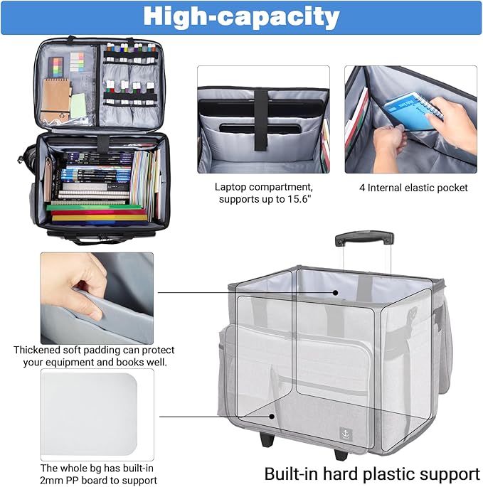 Rolling Teacher Bag, Rolling Briefcase with Detachable Trolley, Large capacity rolling bag with Laptop compartment, Adjustable Shoulder Strap, and Ample Storage Space