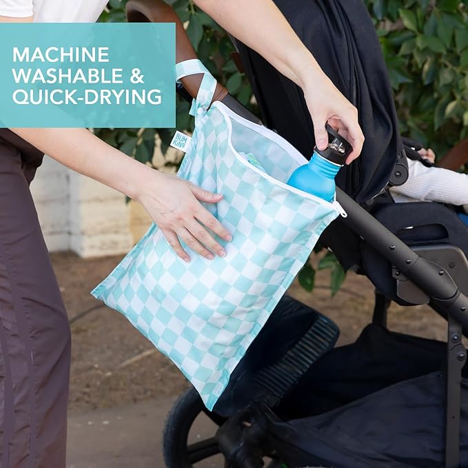 Bumkins - Larger Waterproof Wet Bag - For Baby, Travel, Swim Suit, Cloth Diapers, Pump Parts, Pool, Gym, Toiletry, Strap to Stroller - Reusable & Easy to Clean - 2pk - Gray & Mint Check