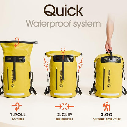 Earth Pak Waterproof Backpack - Heavy Duty Roll-Top Closure with Easy Access Front-Zippered Pocket and Cushioned Padded Back Panel for Comfort with IPX8 Waterproof Phone Case, Yellow, 85L, Messenger