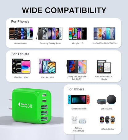 60W USB C Wall Charger Block,5-Port C Charger Fast Charging Block PD Power Adapter +QC 3.0 Multiport Type C Box Charger Cube USB A Wall Plug for iPhone 14/15/16/17 Pro Max Plus,Samsung(Green)(2-Pack)