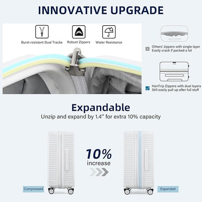 Hard Shell Suitcases Expandable Travel Luggage Sets 2 Piece, Carry on and Check in Luggage Lightweight Suitcase Set 2 Piece with Wheels Cup Holder Charger Built in (White, 20/28)