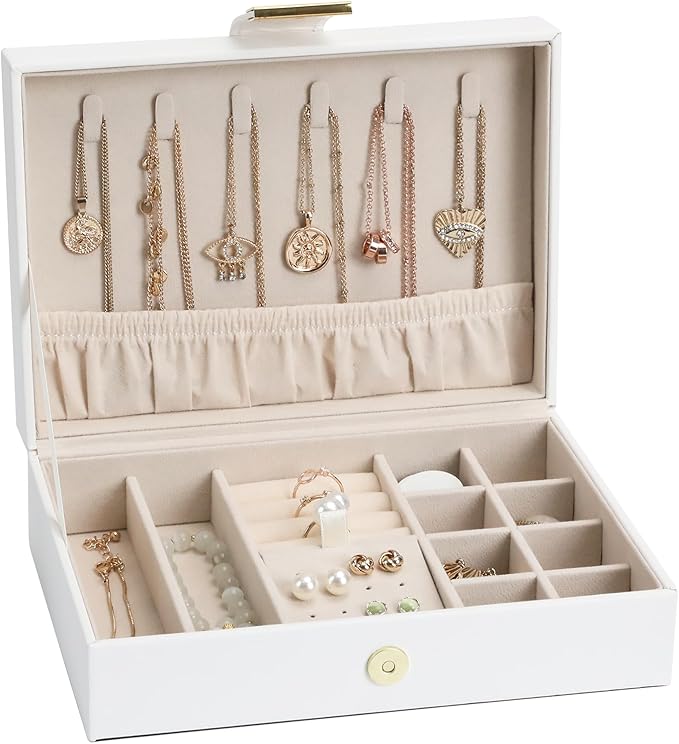 Jewelry Box Travel Jewelry Case Anti-Tarnish Single Layer Organizer for Rings, Earrings, Pendants, Necklaces Compact for Home Storage White