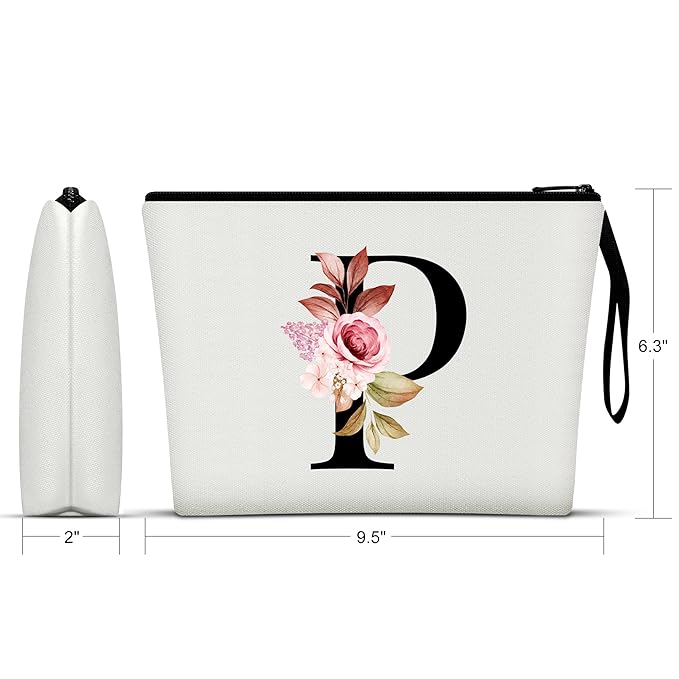 Vavabox A-Z Personalized Makeup Bag, Birthday Gifts for Women Mom, Gifts for Best Friend, Bride Bridesmaid Cosmetic bag (P, White)