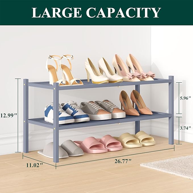 Smiry Bamboo Shoe Rack, 2 Tier Shoe Organizer for Entryway & Closet, Stackable Free Standing Storage Shelf for Shoes, Bags & Plants, Grey