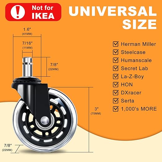 Office Chair Wheels for Casters Replacement - 3" Rubber Wheels for Computer Gaming Desk Caster Smooth & Safe Rolling for All Floors Hardwood and Carpet-Set of 5, 2 with Safety Brakes,3 No Brake, Clear