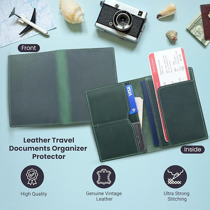 Leather Passport Holder with Travel Wallet, Genuine Leather Passport Cover- Passport Wallet, Leather Folding Wallet for Passports (Straight Cut, Green)