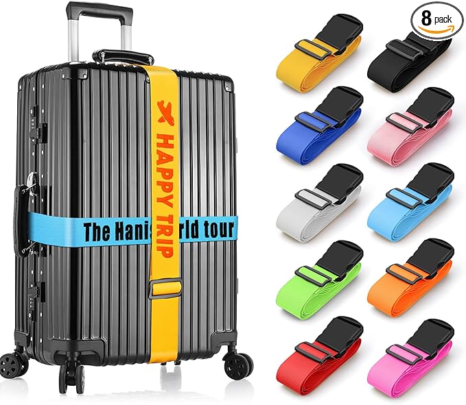 Personalised Luggage Straps for Suitcases, 8 Pieces - Custom Luggage Strap with Embroidery Text, Thickened Luggage Belt with Quick Release Buckle, Travel Suitcase Straps, Adjustable Travel Bag Strap