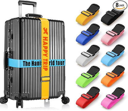Personalised Luggage Straps for Suitcases, 8 Pieces - Custom Luggage Strap with Embroidery Text, Thickened Luggage Belt with Quick Release Buckle, Travel Suitcase Straps, Adjustable Travel Bag Strap