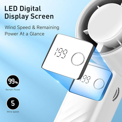 Portable Handheld Turbo Fan - Foldable Mini Fan with Air Turbo Tech, 1-199 Speed Adjustment, 20H Runtime, LED Display, Battery-Powered for Indoor/Outdoor Use Light White