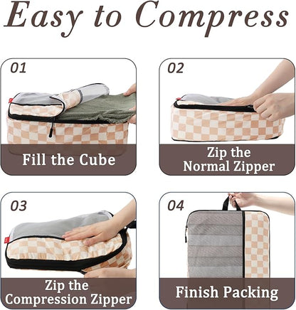 U+U 8 Set Compression Packing Cubes - Ultralight Travel Organizers with Laundry Bag and Cosmetic Bag, Space-Saving Suitcase Organizer for Travel, Business Trip and Family Vacation (Khaki Checkered)