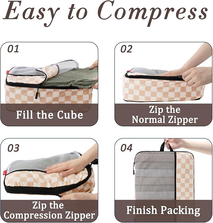 U+U 4 Set Compression Packing Cubes - Ultralight Travel Organizers, Space-Saving Suitcase Organizer, Expandable Packing Cubes for Travel, Business Trip and Family Vacation (Khaki Checkered)