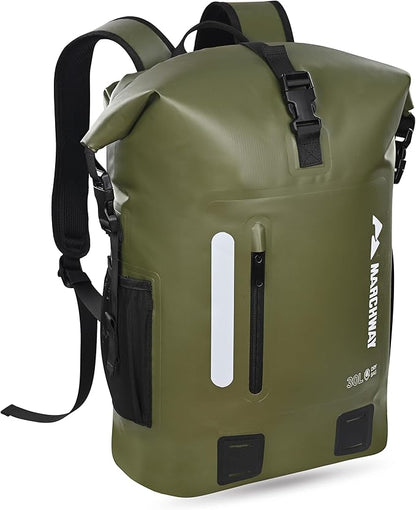 MARCHWAY Roll Top Waterproof Backpack, Floating Dry Bag 20L/30L/45L with Ergonomic Rectangular Base, Cushioned Back, Hip Strap for Hiking Camping Kayaking Travel (Army Green, 20L)
