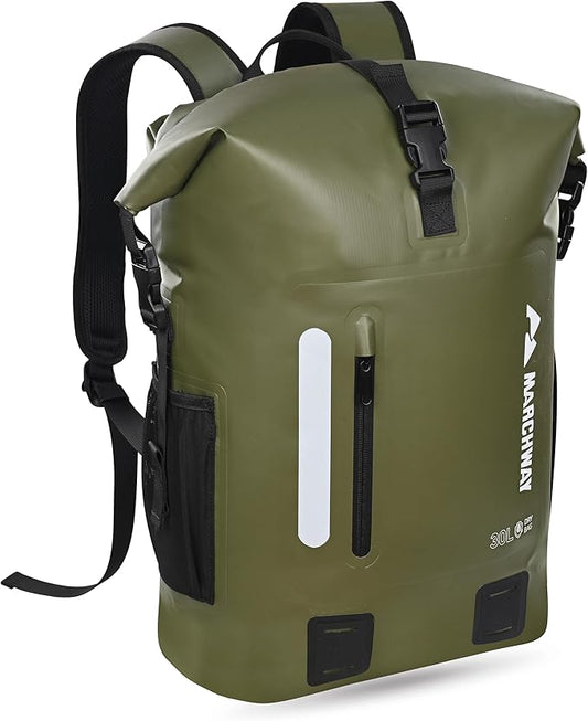 MARCHWAY Roll Top Waterproof Backpack, Floating Dry Bag 20L/30L/45L with Ergonomic Rectangular Base, Cushioned Back, Hip Strap for Hiking Camping Kayaking Travel (Army Green, 45L)