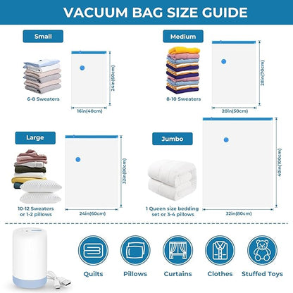 Vacuum Bags for Travel with Portable Electric Pump, 16 Pack Vacuum Seal Bags for Luggage and Suitcase Compression, Space Saver Vacuum Storage Bags for Clothes and Clothing Travel