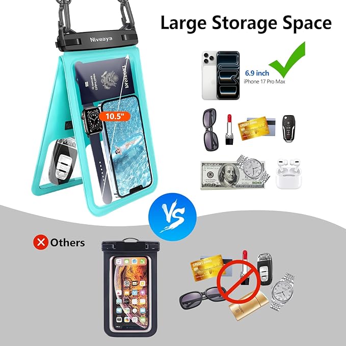 Niveaya [Up to 10.5"]Waterproof Phone Pouch - 2 Pack, Waterproof Phone Lanyard Case with iPhone 16/15/14/13/12 Pro Max up to 9.5", Phone Dry Bags for Vacation Beach Pool Kayak Cruise Travel Essentials