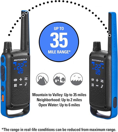 Motorola Solutions, Portable FRS, T802, Talkabout, Two-Way Radios Waterproof IP54 Walkie Talkie Emergency Preparedness, Rechargable, 22 Channel, 35 Mile, Black W/Blue, 2 Pack