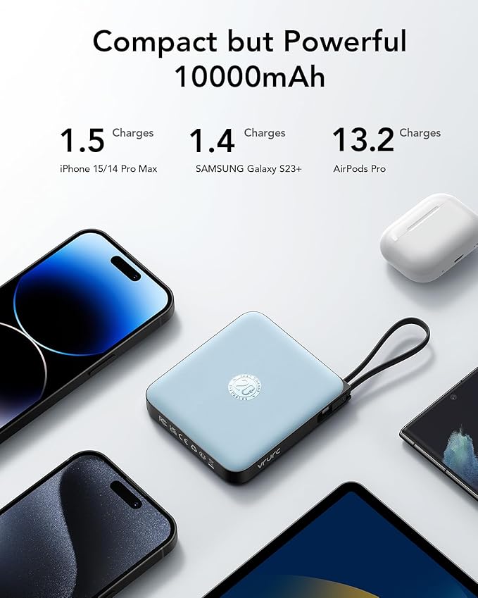 VRURC 10000mAh Portable Charger for iPhone with Built-in Cables, PD 20W Fast Charging Power Bank, Battery Pack for iPhone 17 16 15 14 13 Samsung Galaxy S25 S24 Series Android, Blue(1 Pack)