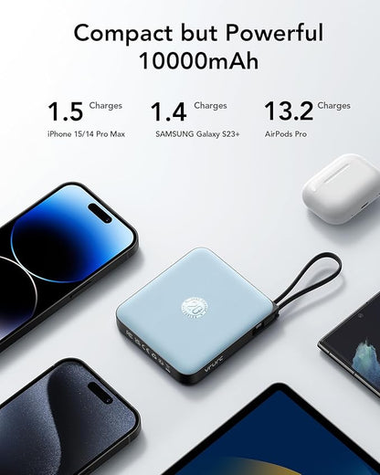 VRURC 10000mAh Portable Charger for iPhone with Built-in Cables, PD 20W Fast Charging Power Bank, Battery Pack for iPhone 17 16 15 14 13 Samsung Galaxy S25 S24 Series Android, Blue(1 Pack)