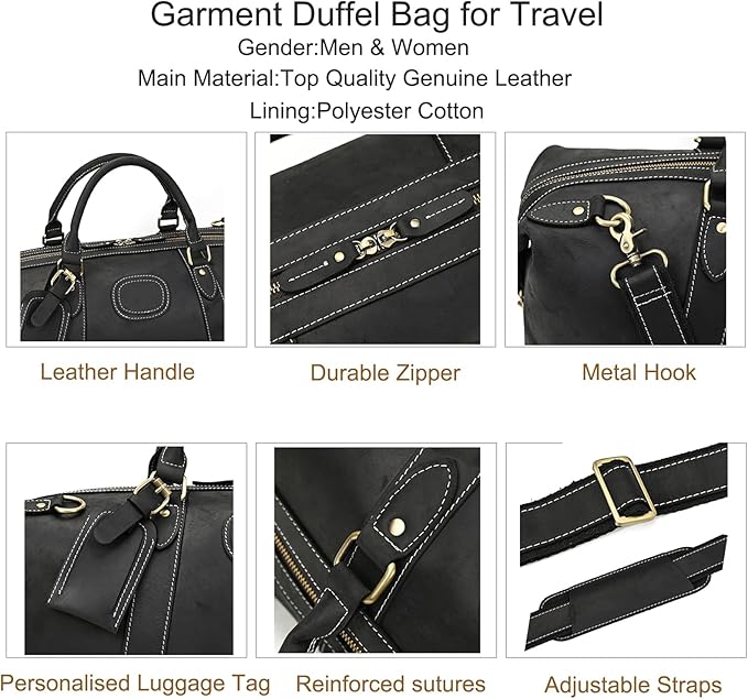 Full-grain Genuine Leather Travel Bag Large Capacity Luggage Duffel Bag for Men Shoulder Handbag Holiday Business Trip Bag, Black