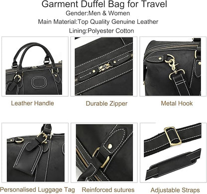 Full-grain Genuine Leather Travel Bag Large Capacity Luggage Duffel Bag for Men Shoulder Handbag Holiday Business Trip Bag, Black