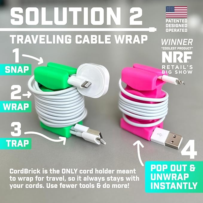 CordBrick Stocking Stuffers for Adults Cord Management Weighted Cord Holder Cable Wrap Phone Stand - Multiuse Gadget Organizer for Nightstand, Desk. Gift for Men, Durable Silicone. 4pk Green