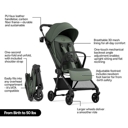 Mompush Nexis Carbon Travel Stroller, Ultra-Lightweight 11.5 lbs, Compact & Airplane Carry-On Approved, One-Second Auto-Fold, One-Hand Full Recline, from Birth to 50 lbs, JPMA Certified