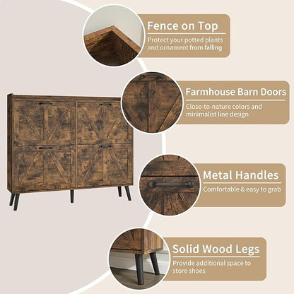 Shoe Cabinet Storage for Entryway Slim, Farmhouse Shoe Organizer Cabinet with 4 Flip Drawers, Farmhouse Hidden Shoe Rack with Wooden Legs, Rustic Brown