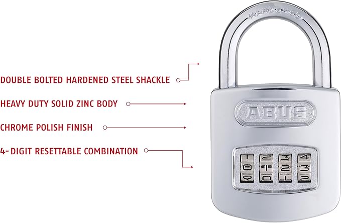 ABUS 160/50 B 160 All Weather Chrome 4 Dial Combination Padlock, Black/Silver