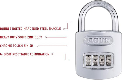 ABUS 160/50 B 160 All Weather Chrome 4 Dial Combination Padlock, Black/Silver