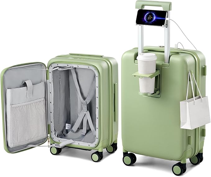 Hanke 20 Inch Expandable Carry On Luggage Airline Approved Top Opening Travel Luggage Rolling Suitcase with Cup Holder Hard Shell Suitcases with Wheels (Bamboo Green)