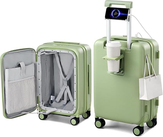 Hanke 20 Inch Expandable Carry On Luggage Airline Approved Top Opening Travel Luggage Rolling Suitcase with Cup Holder Hard Shell Suitcases with Wheels (Bamboo Green)