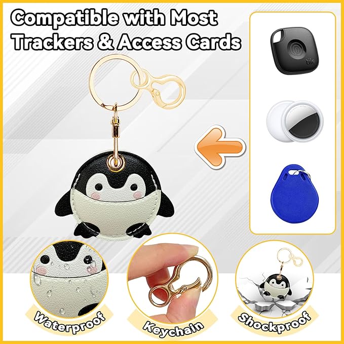 Leather Keychain for Airtag, Cute Protective Keychain Holder Compatible with Apple Air Tag,GPS Case Cover for Keys(Penguin)