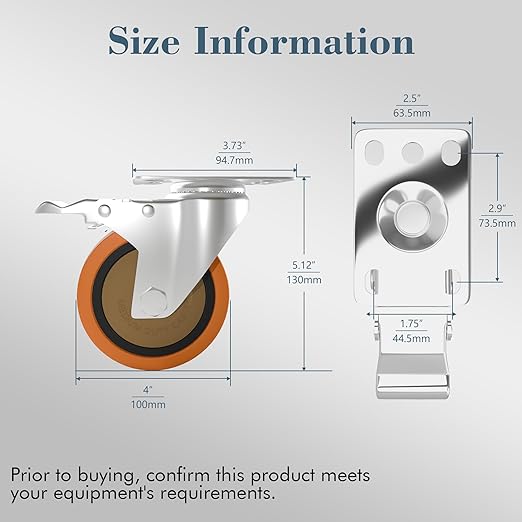 4 Inch 304 Stainless Steel Swivel Caster with Brake, Set of 2, Heavy Duty Industrial & Commercial Anti-Corrosion Casters for Hospital, Lab Equipment, Food Service, Furniture