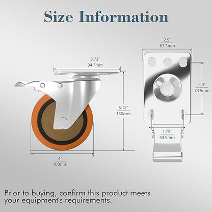 4 Inch 304 Stainless Steel Swivel Caster with Brake, Set of 2, Heavy Duty Industrial & Commercial Anti-Corrosion Casters for Hospital, Lab Equipment, Food Service, Furniture