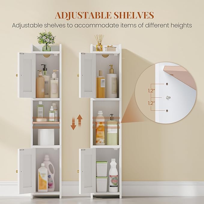 Slim Bathroom Storage Cabinet, Narrow Storage Cabinet with 2 Doors, Open Space，Adjustable Shelf, Freestanding Bathroom Organizer for Laundry Room, Kitchen, Living Room, White 022413X