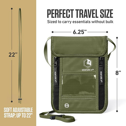 VENTURE 4TH Neck Wallet, RFID Blocking Passport Holder for Travel – Hidden Neck Pouch with 6 Compartments, Slim Lightweight Organizer with Adjustable Strap for Cash, Cards & Passport (Green)